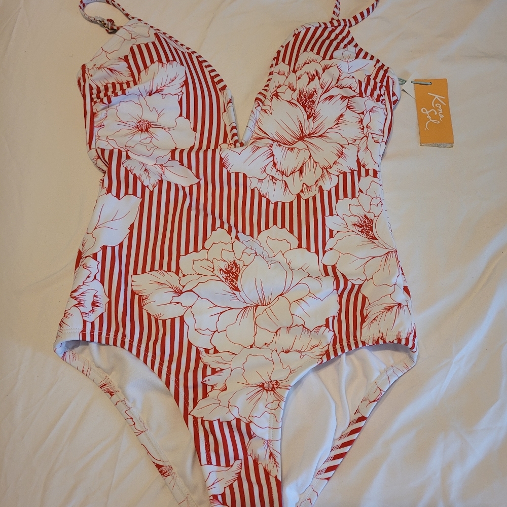 Red/white Stripes and Floral One Piece Swimsuit - Picture 1 of 4